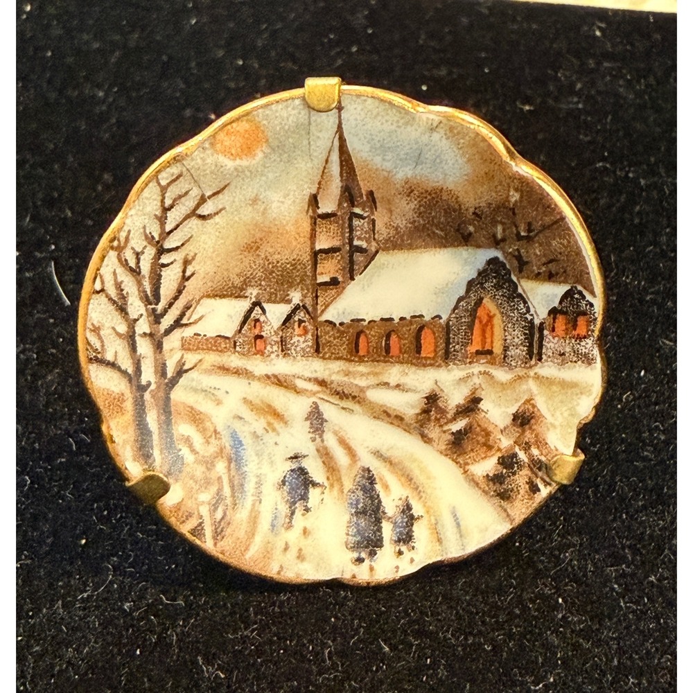 Vintage Limoges France Miniature Porcelain Plate Winter Church Scene Stand 1.5"